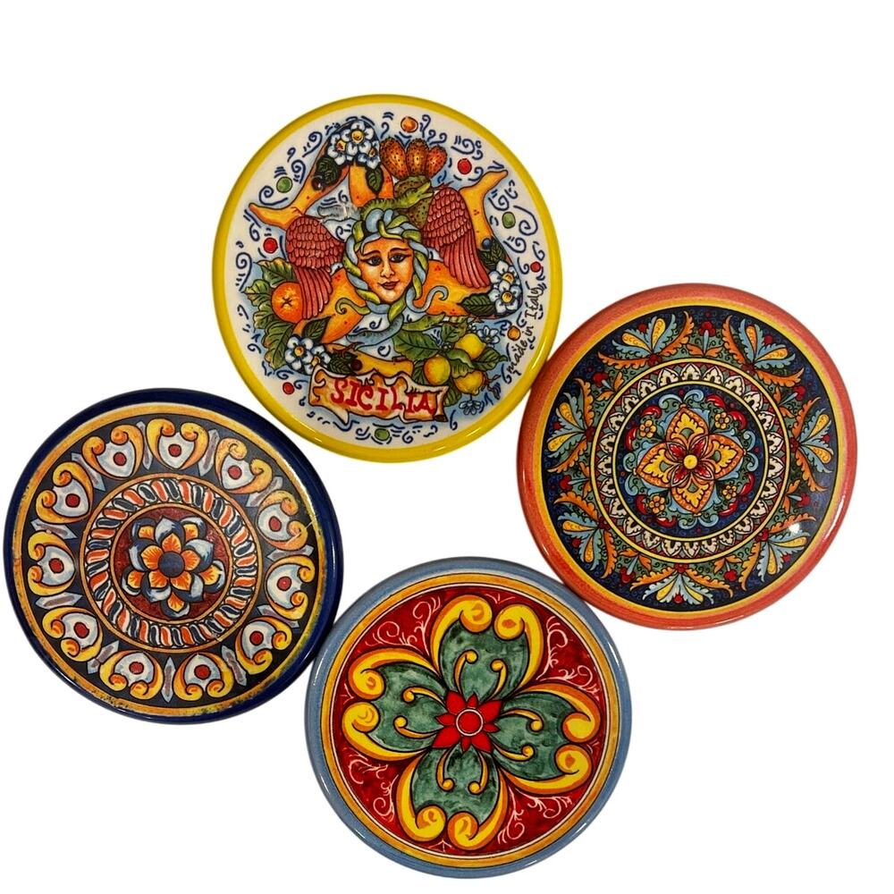 Hand Painted Vibrant Set of 4 Sicillian Ceramic Coasters in Excellent Condition